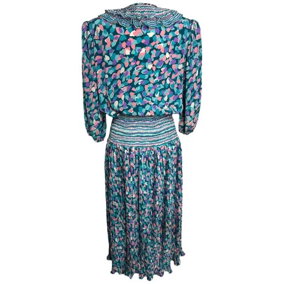 VTG Neiman Marcus Susan Freis Ruffle Collar Pleated Long Sleeve Dress Size Large - Picture 2 of 10